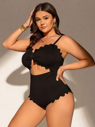 Swim Lushoire بدلة سباحة قطعة واحدة من نسيج ذو نمط موجي للمرأة بحجم كبير، قابلة للتعديل من الكتف، وسادات قابلة للإزالة، بتصميم بدينة ذو صدرية أنيقة مع تفاصيل شفافية، مُلائمة ومنحفة، للاسترخاء والسباحة في الشاطئ
