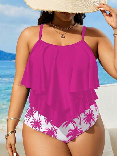 SHEIN Swim Curve 2 قطعة من ملابس السباحة للنساء ذوات الحجم الكبير من نوع تانكيني بطبعات عشوائية وحواف مكسرة على الكتفين ، تصميم نحيف وعصري للعطلات الشاطئية