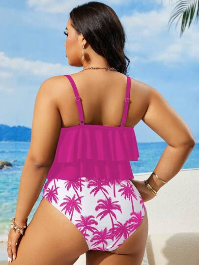 SHEIN Swim Curve 2 قطعة من ملابس السباحة للنساء ذوات الحجم الكبير من نوع تانكيني بطبعات عشوائية وحواف مكسرة على الكتفين ، تصميم نحيف وعصري للعطلات الشاطئية