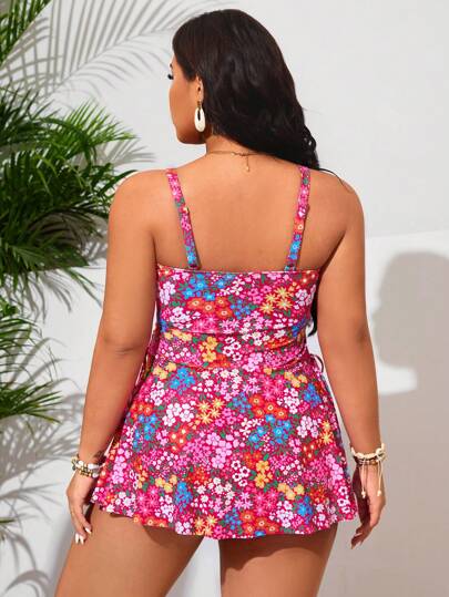 Swim Lushoire بدلة سباحة مقاسات كبيرة للنساء بنمط طباعة زهرية مع فيونكة والياقة على شكل U، بمعطف شاطئ