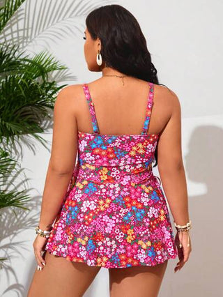 Swim Lushoire بدلة سباحة مقاسات كبيرة للنساء بنمط طباعة زهرية مع فيونكة والياقة على شكل U، بمعطف شاطئ