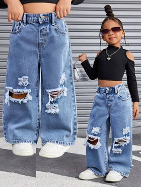 SHEIN بنطلون جينز لفتاة يافعة بيت Y2K كاجول متهالك أزرق قصمية فضفاض، بنطلون جينز كاجوال فضفاض للبنات للربيع والصيف للأيام العطلة