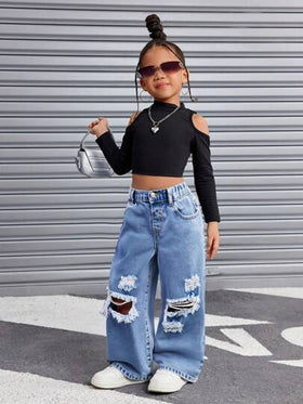 SHEIN بنطلون جينز لفتاة يافعة بيت Y2K كاجول متهالك أزرق قصمية فضفاض، بنطلون جينز كاجوال فضفاض للبنات للربيع والصيف للأيام العطلة