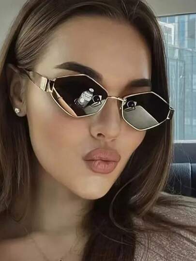 نظارة شمسية معدنية بطراز هندسي كلاسيكي للنساء للصيف والشاطئ والسفر والخارج، بإطار هندسي بطراز قديم لإطلالة عصرية، مناسبة للعودة إلى المدرسة