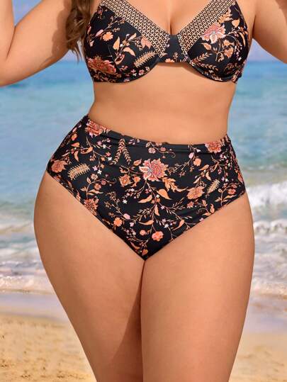 Swim Lushoire سروال بيكيني ذو خصر عالي مطبوع بالورود، بتصميم بسيط وأنيق للنساء ذوات الحجم الكبير، مناسب للصيف والعطلات الشاطئية