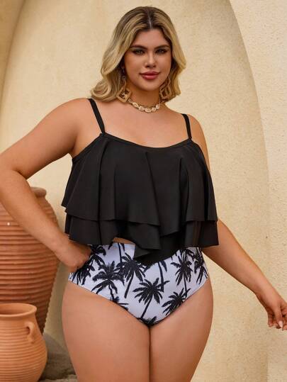 SHEIN CURVE+ مجموعة بكيني مقاس كبير للنساء ذات طباعة أشجار جوز الهند المثيرة قطعتين