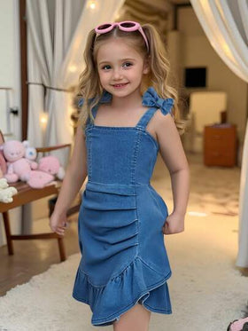 SHEIN Elladie kids فستان قصير كاجوال للبنات مزين بفيونكة جينز، حمالات متجعدة، بلا أكمام، خفيف الوزن، أنيق ومريح للصيف