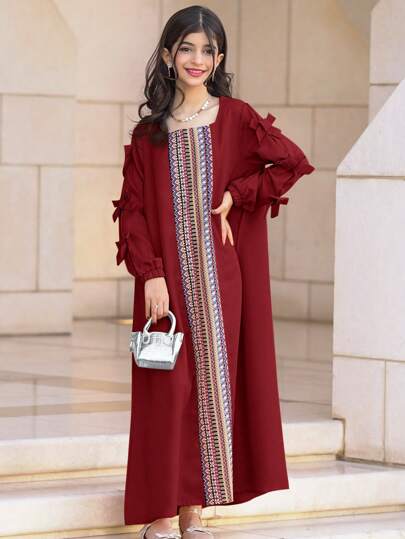 SHEIN فستان تكنولوجيا المعلومات غير رسمي طويل الأكمام ذو ياقة مربعة بطبعات ريترو منقطعة، للبنات المراهقات