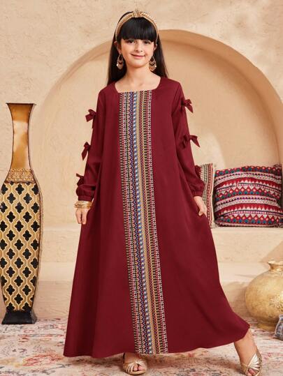 SHEIN فستان تكنولوجيا المعلومات غير رسمي طويل الأكمام ذو ياقة مربعة بطبعات ريترو منقطعة، للبنات المراهقات
