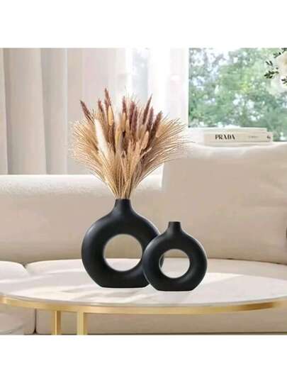 1 قطعة من الزهريات البلاستيكية السوداء المستديرة، زهور جافة مزيفة، زهريات فنية لترتيب الزهور، ديكور بسيط لصالة المعيشة والقاعات، ديكور منزلي، زهريات، ديكورات، ديكور طاولة. ديكور غرفة زهرية، زهرية زجاجية