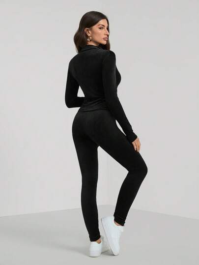SHEIN Tall طقم رياضي قطعتين باللون الأسود - جاكيت سوستة وبنطلون ضيق