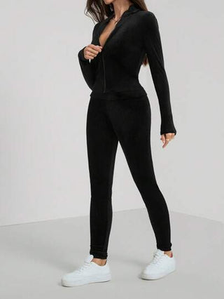 SHEIN Tall طقم رياضي قطعتين باللون الأسود - جاكيت سوستة وبنطلون ضيق
