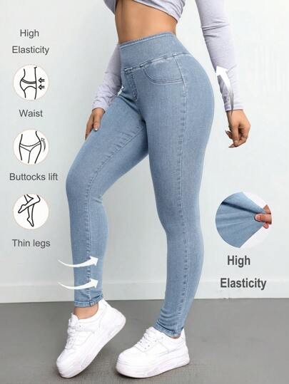 SHEIN ICON سروال جينز طويل نسائي مطاطي جذاب، أزرق اللون، سراويل جينز نسائية للنساء القصيرات، بناطيل جوخ دافئة نسائية، بناطيل ليكرا نسائية، جستثنس نسائية دافئة ، بناطيل جينز طويلة نسائية