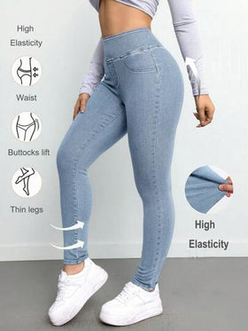 SHEIN ICON سروال جينز طويل نسائي مطاطي جذاب، أزرق اللون، سراويل جينز نسائية للنساء القصيرات، بناطيل جوخ دافئة نسائية، بناطيل ليكرا نسائية، جستثنس نسائية دافئة ، بناطيل جينز طويلة نسائية