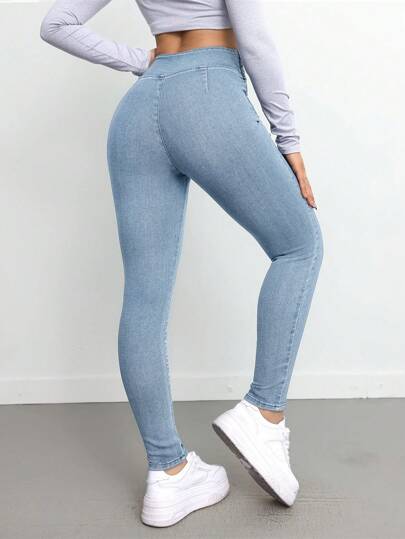 SHEIN ICON سروال جينز طويل نسائي مطاطي جذاب، أزرق اللون، سراويل جينز نسائية للنساء القصيرات، بناطيل جوخ دافئة نسائية، بناطيل ليكرا نسائية، جستثنس نسائية دافئة ، بناطيل جينز طويلة نسائية