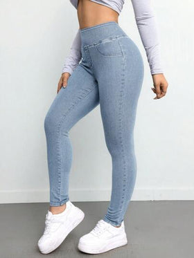 SHEIN ICON سروال جينز طويل نسائي مطاطي جذاب، أزرق اللون، سراويل جينز نسائية للنساء القصيرات، بناطيل جوخ دافئة نسائية، بناطيل ليكرا نسائية، جستثنس نسائية دافئة ، بناطيل جينز طويلة نسائية