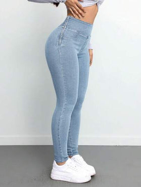 SHEIN ICON سروال جينز طويل نسائي مطاطي جذاب، أزرق اللون، سراويل جينز نسائية للنساء القصيرات، بناطيل جوخ دافئة نسائية، بناطيل ليكرا نسائية، جستثنس نسائية دافئة ، بناطيل جينز طويلة نسائية