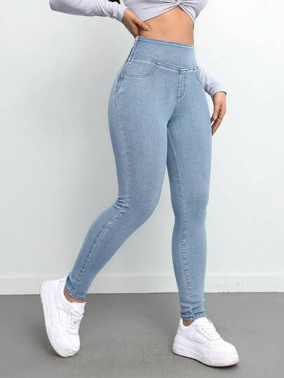 SHEIN ICON سروال جينز طويل نسائي مطاطي جذاب، أزرق اللون، سراويل جينز نسائية للنساء القصيرات، بناطيل جوخ دافئة نسائية، بناطيل ليكرا نسائية، جستثنس نسائية دافئة ، بناطيل جينز طويلة نسائية