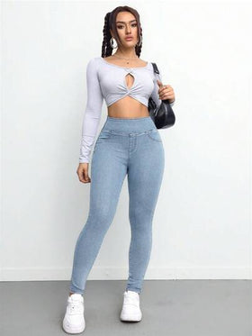 SHEIN ICON سروال جينز طويل نسائي مطاطي جذاب، أزرق اللون، سراويل جينز نسائية للنساء القصيرات، بناطيل جوخ دافئة نسائية، بناطيل ليكرا نسائية، جستثنس نسائية دافئة ، بناطيل جينز طويلة نسائية