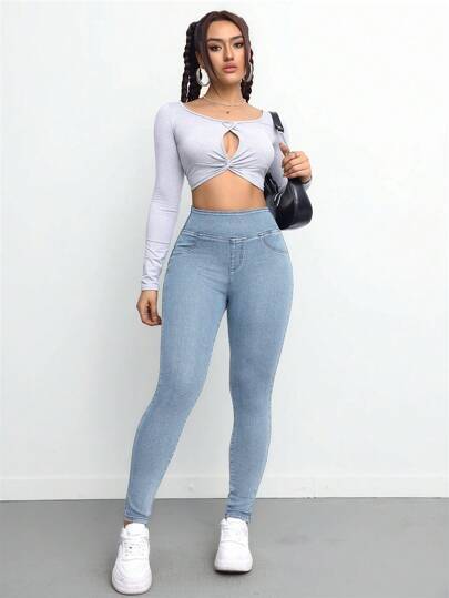 SHEIN ICON سروال جينز طويل نسائي مطاطي جذاب، أزرق اللون، سراويل جينز نسائية للنساء القصيرات، بناطيل جوخ دافئة نسائية، بناطيل ليكرا نسائية، جستثنس نسائية دافئة ، بناطيل جينز طويلة نسائية