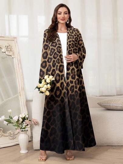 Al Najma عباية نسائية فضفاضة طويلة الأكمام ذات طبعة leopard ombre, محتشم