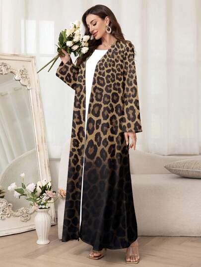 Al Najma عباية نسائية فضفاضة طويلة الأكمام ذات طبعة leopard ombre, محتشم