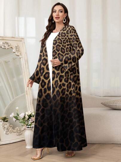 Al Najma عباية نسائية فضفاضة طويلة الأكمام ذات طبعة leopard ombre, محتشم