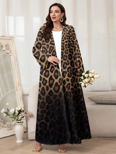 Al Najma عباية نسائية فضفاضة طويلة الأكمام ذات طبعة leopard ombre, محتشم