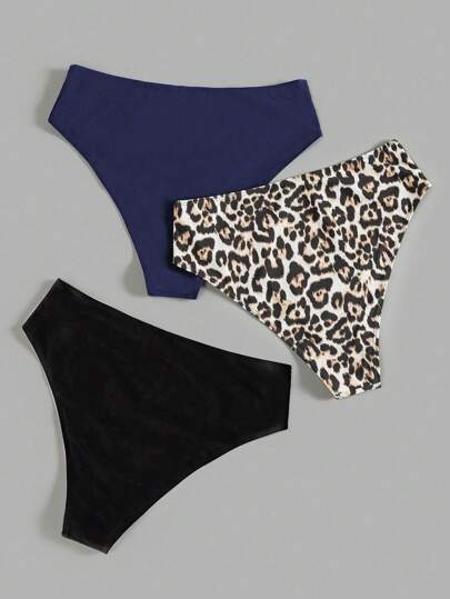 SHEIN Swim Curve مجموعة من 3 قطع من ملابس السباحة بكامل الحجم للمرأة بطبعة نمر، سراويل بكيني للشاطئ والإجازات الصيفية،2025