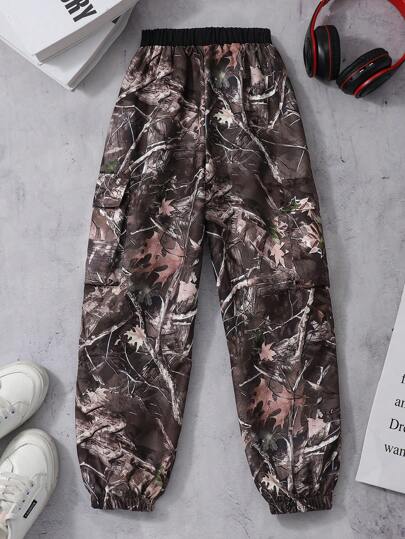 SHEIN بناطيل سراويل أولاد الصغار الكاجوال ذات الحجم الكبير طبعة فروع الغابة الكامو الأخضر العسكري