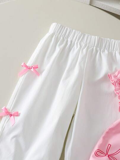 SHEIN Genkimix Kids مجموعة من 2 قطعة تتألف من قميص بأكمام منتفخة مطبوع عليه فراشات وبنطلون طويل مزين بفيونكة لفتاة صيف عادي