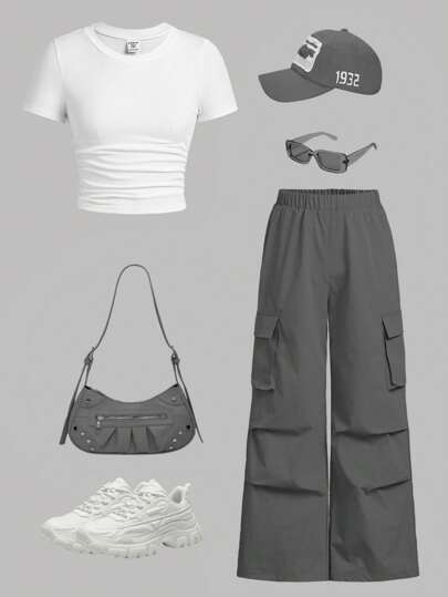طقم حريمي قطعتين EZwear مجموعة من تي شيرت بأكمام قصيرة ذات قياس ضيق وبنطال كارجو قطعتان