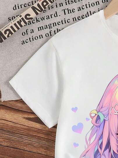 girls sets طقم فتاة مراهقة 2 قطعة بجرافيك شخصية أنمي وقميص وشورت مطبوع بالأشكال القلبية مصنوع من قماش مريح للرياضة والموضة ال- Y2K'