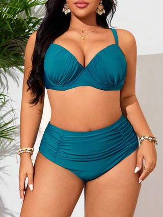 Swim Lushoire مجموعة ملابس سباحة للمرأة ذات حجم كبير مكونة من قطعتين، لون أحادي، وسادة مدعومة بأسلاك، حمالات قابلة للتعديل، جزء سفلي بخصر عالٍ، الجزء العلوي مطوي على الصدر وأنيق، ملابس سباحة متواضعة للشاطئ