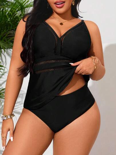 Swim Lushoire طقم بدلة سباحة تيرتوب أسود مانع للتسرب للسيدات كبيرات الحجم، للاستخدام اليومي على الشاطئ
