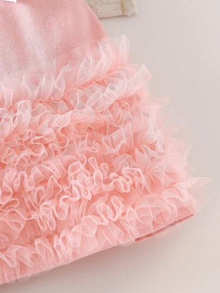فساتين بيبي Glamorique Kids فستان صيفي للبنات الرضع ذو طبقات من الشبك المنسوج باللون الوردي، مع كشكشة على الحافة وعقدة وتصميم سيارات ، بأكمام قصيرة على الطراز الكوري الحديث