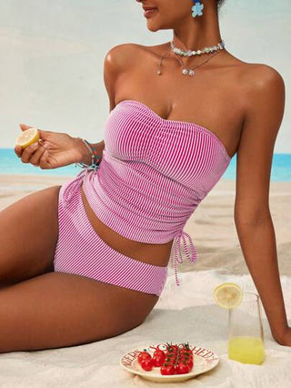 طقم تانكيني حريمي Swim Lushoire ملابس علوية تنكيني للنساء مع التجاعيد في الأمام والخصر بسحاب، مقترن مع جزء أسفل للبدلة السباحة ذات الخصر العالي والخطوط
