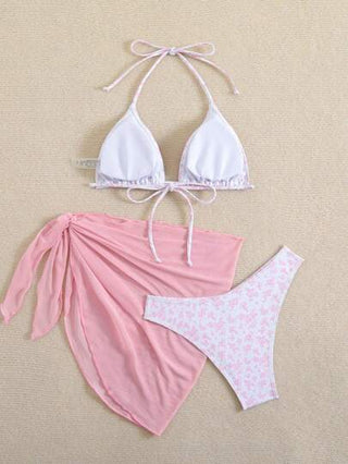 Swim Mod مجموعة بكيني من قطعتين مع غطاء, لليدات تصميم الزهور المنثور والحلقة الرقبة المربوط, صيفي وجذاب للشاطئ
