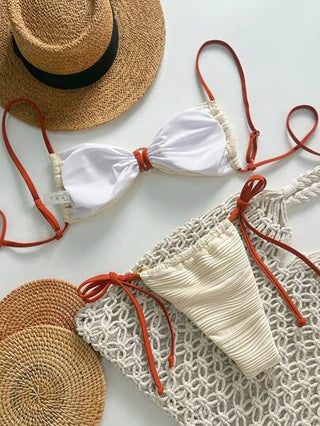 Swim Mod ملابس صيفية للشاطئ للنساء: طقم بكيني مثير مزين بالمعدن ذو حمالات رفيعة من قماش جاكوارد بلون سادة