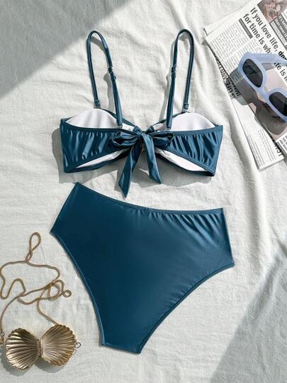 Swim SXY بيكيني نسائي مرتفع الخصر بأشرطة معدنية على شكل صدفة، ملابس صيفية للشاطئ