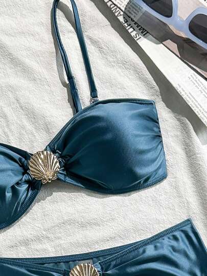 Swim SXY بيكيني نسائي مرتفع الخصر بأشرطة معدنية على شكل صدفة، ملابس صيفية للشاطئ