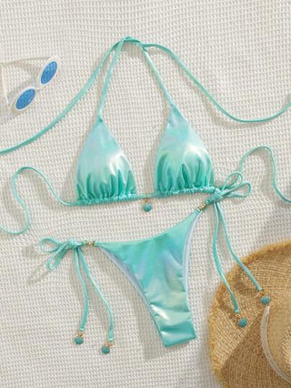 Swim SXY قطعتان من البكيني للنساء بتصميم باللون الأحادي بحمالات رفيعة مع ديكور بالصدفة وربطة جانبية للجزء السفلي، ملابس شاطئ صيفية للنساء
