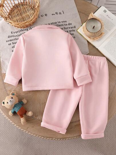 SHEIN Vintaside Kids 2 قطعة طقم للفتيات الرضع ملابس علوية كم طويل كاجوال + بنطال كحلي، مناسب للخروج أو الإسترخاء