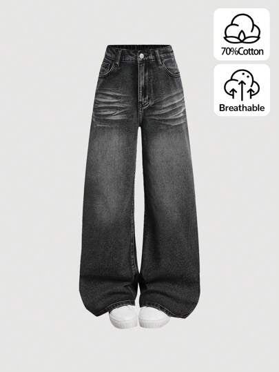 SHEIN Girlism بنطلون جينز بنمط واسع الساق وجيوب مائل للبنات المراهقات بطراز Y2K الرائج، من الملابس الخريفية للبنات للعودة إلى المدرسة، إطلالة بملابس الشارع