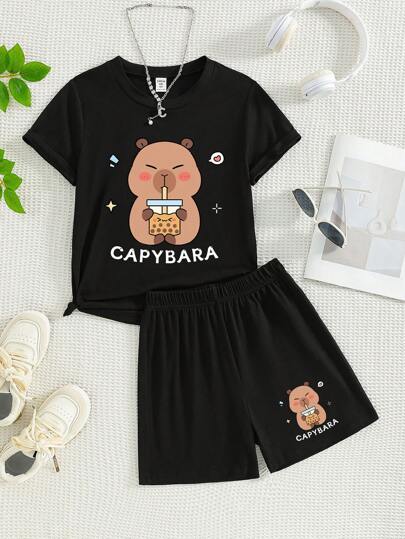 girls sets طقم بلوزة كم قصير وشورت، طبعة كابيبارا تشرب الشاي الفقاعي، أسود، طقم من قطعتين للفتيات المراهقات