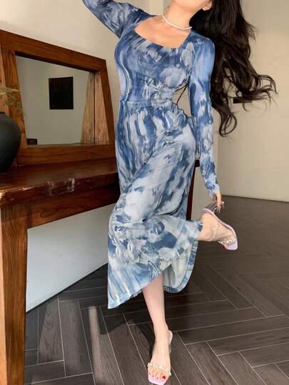 فساتين حريمي DAZY فستان نسائي إيقاع الصبغ الملفوف متوسط الطول، طراز جذاب، أنيق لربيع وصيف