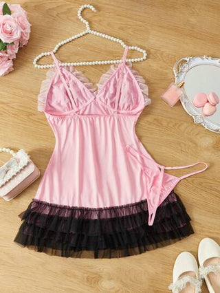 لانجيري حريمي FairyFlirt قطعتان من الملابس النوم الخداعية للسيدات بتصميم مكشكش لامع متعدد الطبقات بأشرطة ربط وفتحات للتهوية، باللونين الأسود والوردي