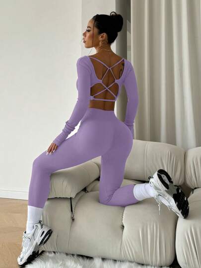 SHEIN Sport Studio بدلة رياضية للنساء مكونة من توب أكمام طويلة ظهر مكشوف ولباس ضيق للساقين
