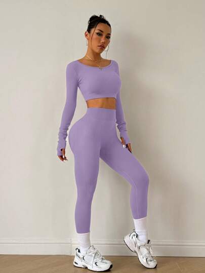 SHEIN Sport Studio بدلة رياضية للنساء مكونة من توب أكمام طويلة ظهر مكشوف ولباس ضيق للساقين