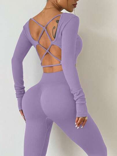 SHEIN Sport Studio بدلة رياضية للنساء مكونة من توب أكمام طويلة ظهر مكشوف ولباس ضيق للساقين